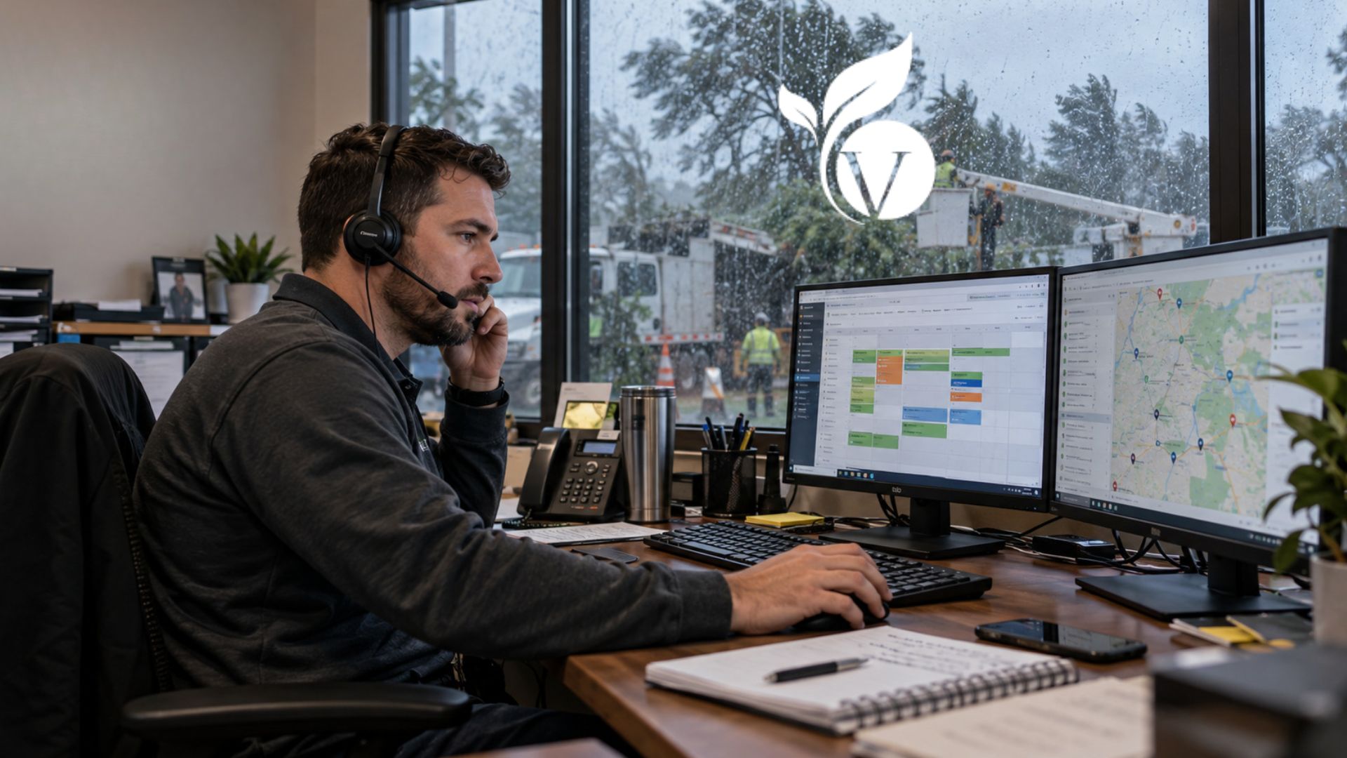 Tree Care Office back office support service agent handling calls and scheduling during a storm